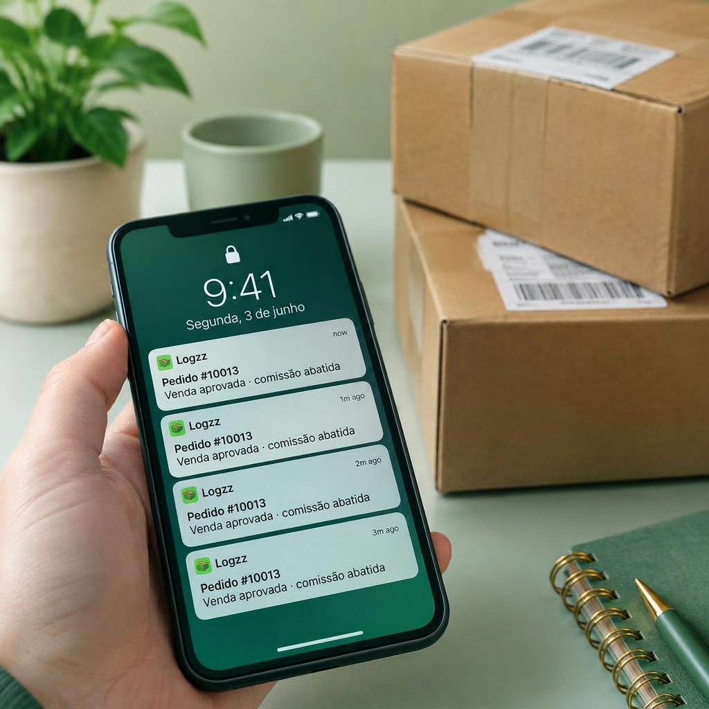 Celular com notificações de vendas aprovadas abatendo a comissão